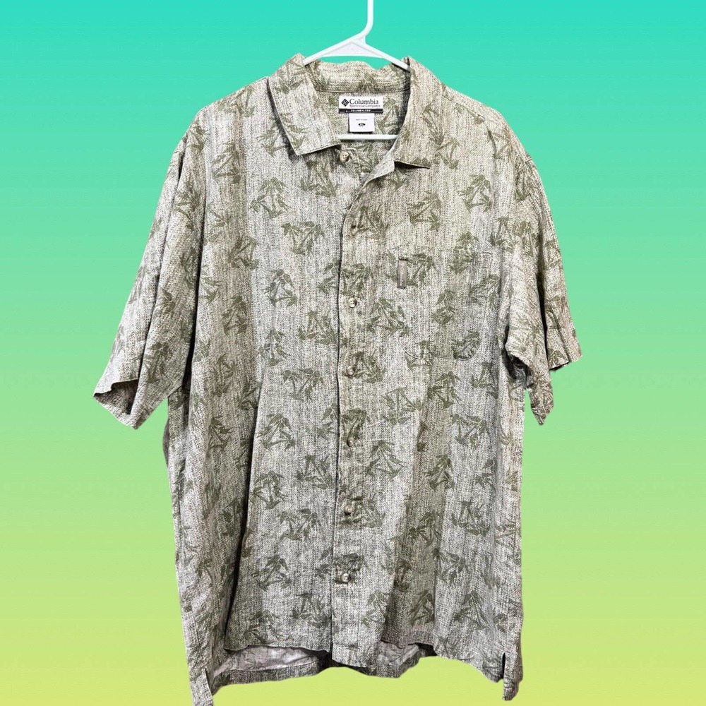 Columbia Mens Shirt Size XL All over Print Palm Tree Linen Blend Button Front